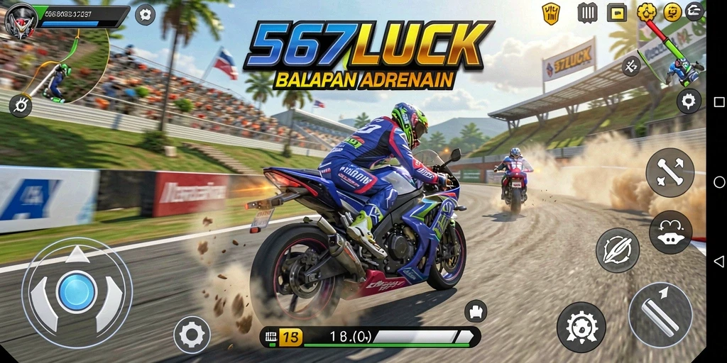 Screenshot gameplay 567LUCK menampilkan aksi balapan motor yang seru.