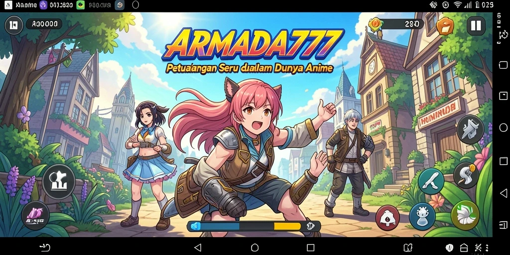 Tangkapan layar utama ARMADA777 menampilkan pertarungan seru antara karakter Anime.