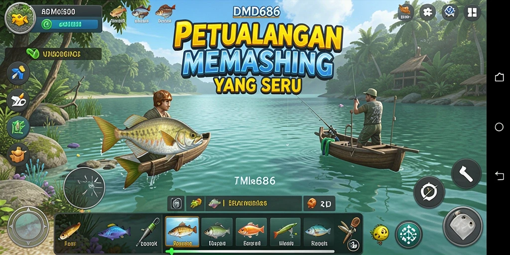 Screenshot gameplay DMD686 yang menampilkan aksi memancing yang seru.