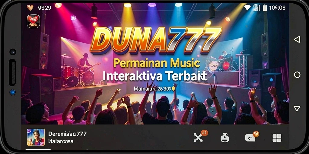 Screenshot utama DUNIA777 menampilkan gameplay interaktif yang penuh musik.