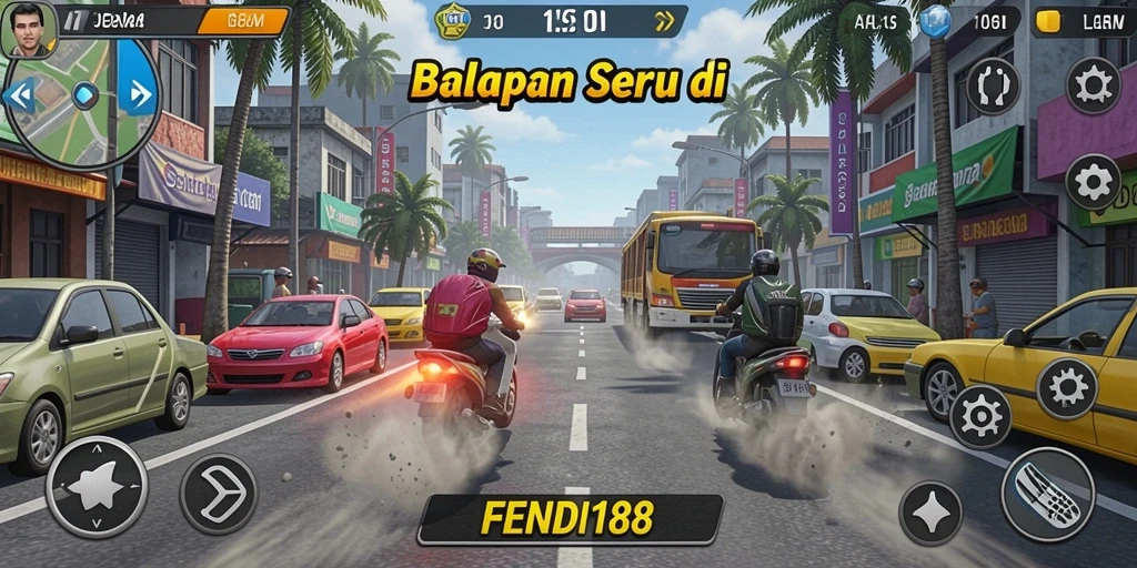 Tampilan gameplay balapan seru dari FENDI188 dengan mobil kencang.