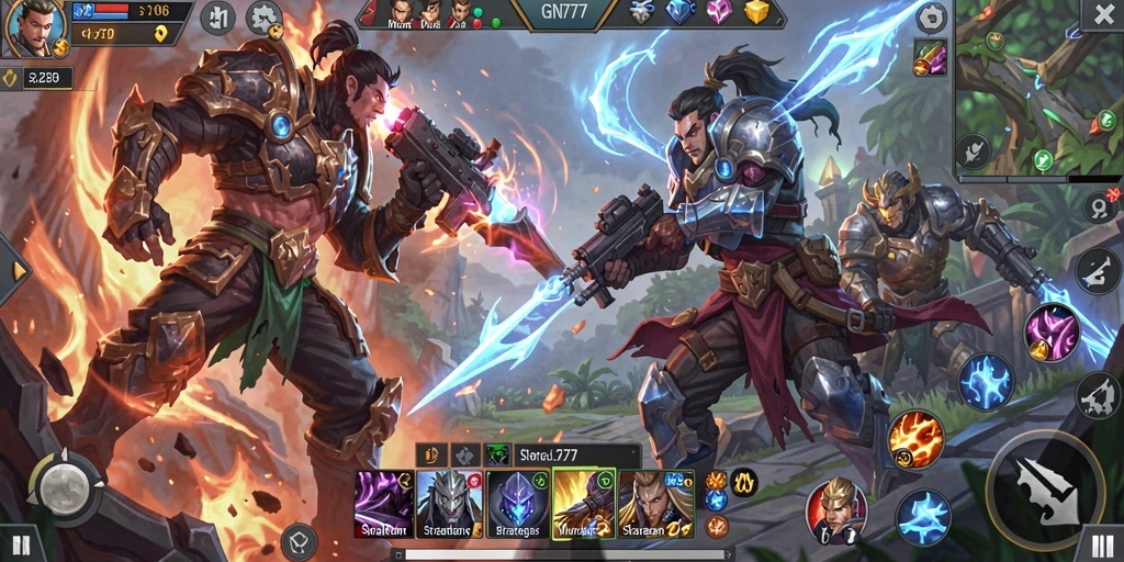 Screenshot gameplay GN777 menampilkan aksi seru di medan pertempuran MOBA.