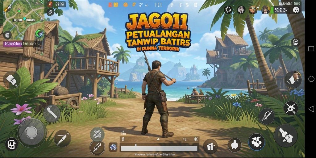Screenshot gameplay JAGO11 menunjukkan petualangan di dunia terbuka yang luas.