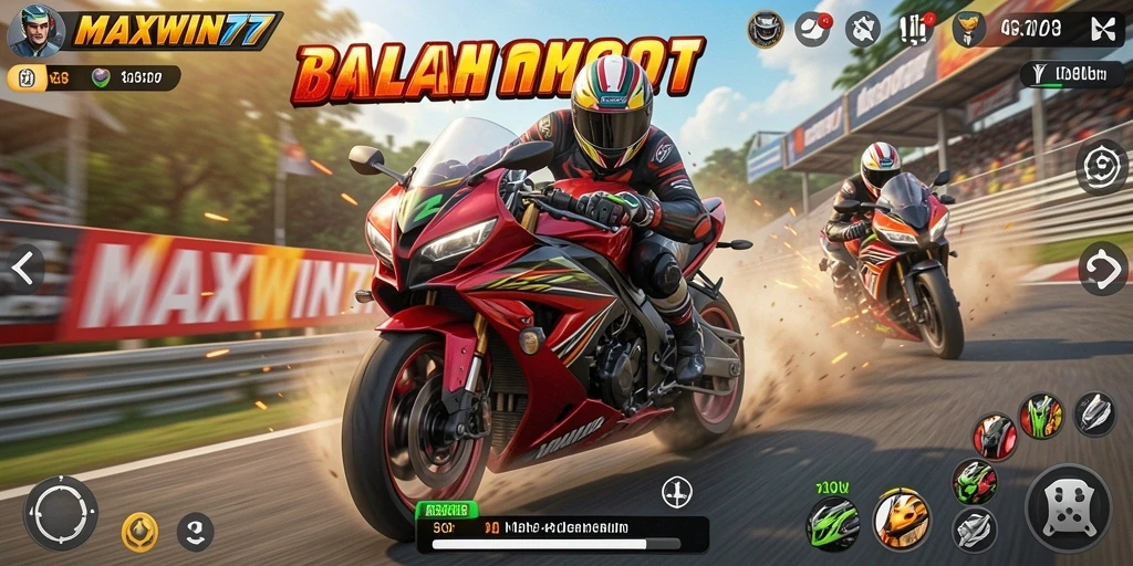 Tampilan gameplay <strong>MAXWIN77</strong> yang seru dalam balapan motor.