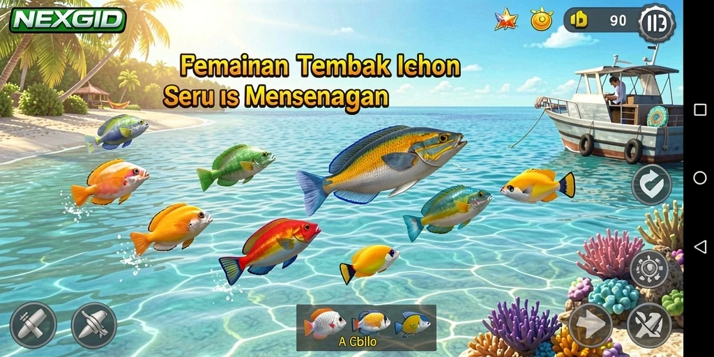 Tangkapan layar menunjukkan aksi menembak ikan yang seru dan penuh warna.