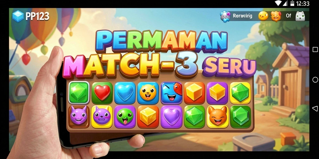 Screenshot utama PP123 menampilkan visual gameplay Match-3 yang menarik.