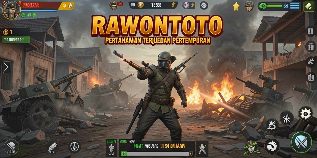 Tampilan gameplay menarik di RAWONTOTO dengan berbagai menara menghadapi gelombang musuh.
