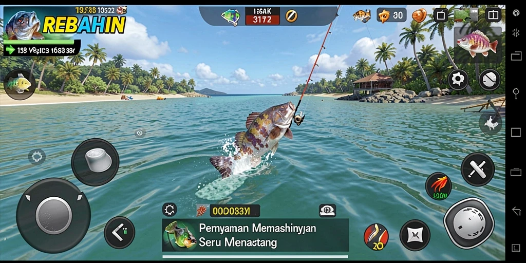 Screenshot gameplay REBAHIN menampilkan aksi memancing yang seru.
