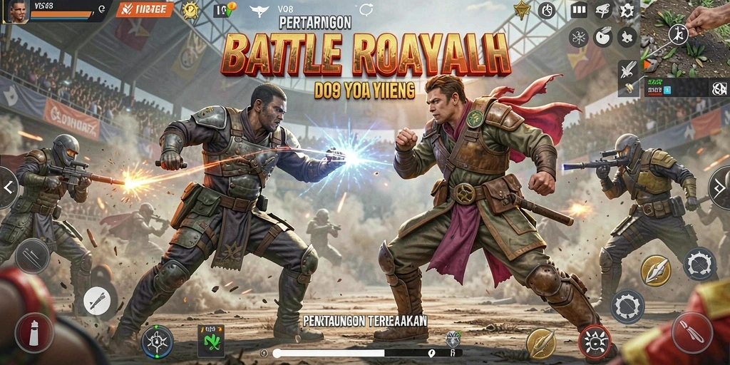Screenshot V98 menunjukkan aksi seru dalam Battle Royale yang mendebarkan.